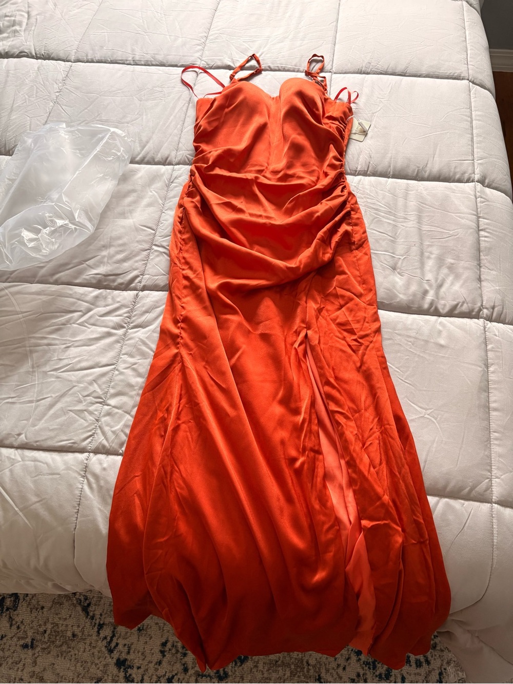 Ruched Satin Slip Dress in Bright Orange